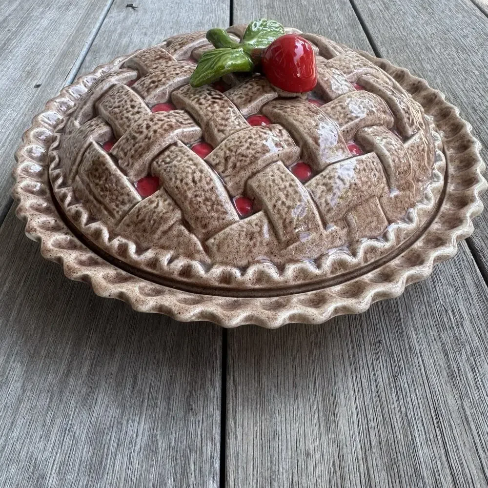 Vintage Ceramic Cherry Pie Keeper Dish with Lid Cottagecore